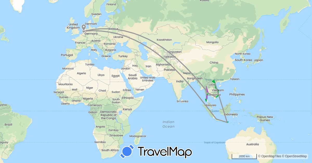 TravelMap itinerary: driving, bus, plane, train, boat, motorbike in Indonesia, Netherlands, Thailand, Vietnam (Asia, Europe)